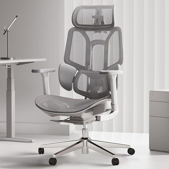 Hbada E3 Air Ergonomic Office Chair, Big and Tall Office Chair - with 3-Zone Dynamic Lumbar Support, 3D Adjustable Headrest, 3D Adjustable Armrests, Swivel, Grey(No Footrest)
