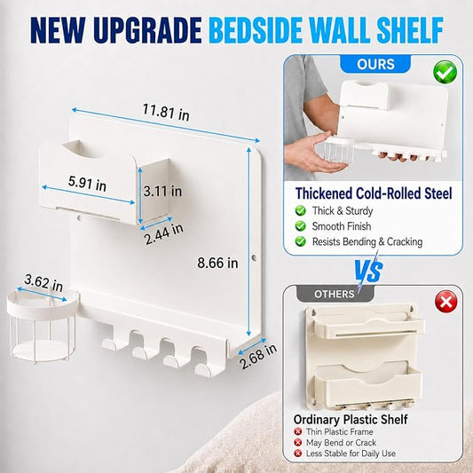 Metal Bedside Wall Shelf, Bedside Floating Shelf Wall Organizer with Detachable Cup Holder, No Drill Wall Mount for Bedroom, Dorm Room Decor, Nightstand Alternative, Bunk Bed Accessories, RV Storage
