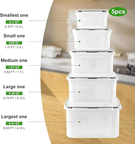 5 PCS Fruit storage Containers for Fridge with Removable Colander and Chopper Set, Leakproof Food Storage Containers with lids, Dishwasher & Microwave Safe Produce Containers to Keep Fruits Fresh 