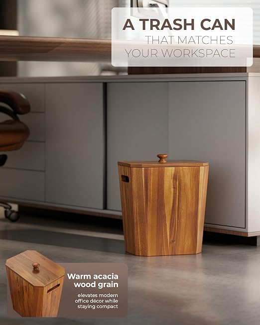 BLUEWEST 2.6 Gallons Acacia Wooden Bathroom Trash Can with Lid & PP Liner β Small Wastebasket with Handle, Decorative Wood Bin for Bedroom, Office or Under Counter Use