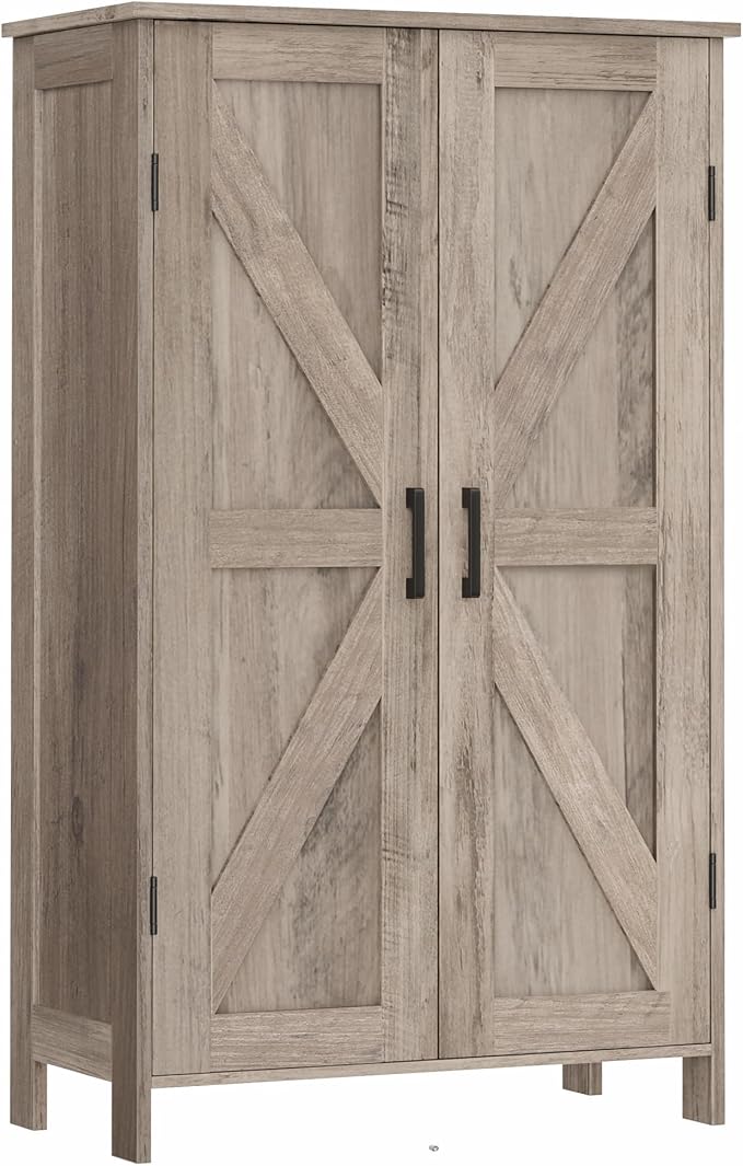 Homleke Farmhouse Bathroom Cabinet with Adjustable Shelves, Free-Standing Storage Cabinet with Barn Doors, for Kitchen, Living Room, Dining Room, Entryway, Greige