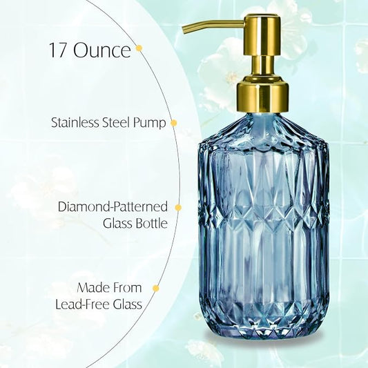 COHOSEGE 17 Oz Blue Glass Kitchen Soap Dispenser for Dish Soap, 2 Pack Bathroom Soap Dispenser Set with Gold Rust Proof Pump for Lotion, Hand soap or Body Wash