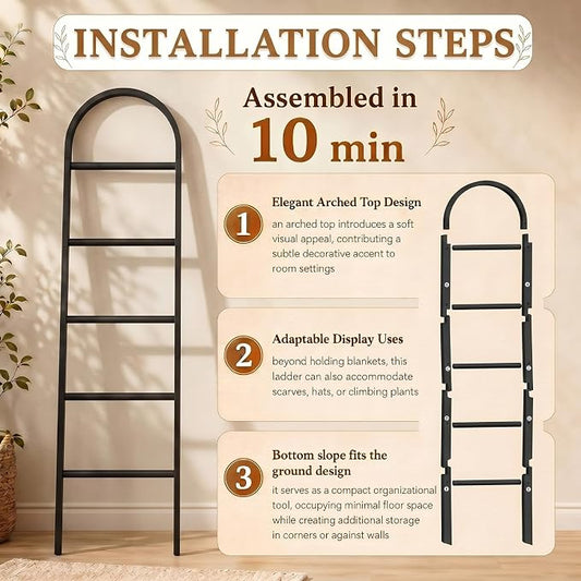 Sintuff Arched Blanket Ladder for Living Room, 5.5ft Wooden Blanket Rack, 5-Tier Natural Leaning Ladder Shelf for Farmhouse Bedroom Living Room Bathroom Decor (Arch,Balck)