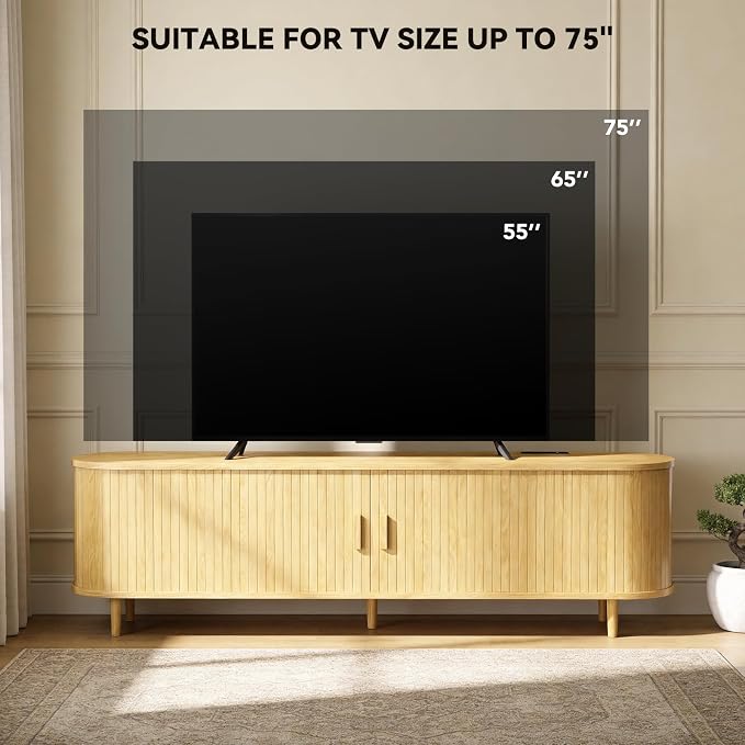 65" Mid Century Modern TV Stand with Power Outlet, Fluted Entertainment Center with Storage and Adjustable Shelves, Wood TV Console with Sliding Doors for Living Room, Oak