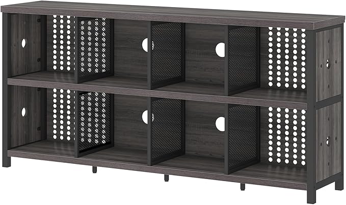 LVB Industrial Horizontal Bookcase, Rustic Wood 4 5 6 7 8 Cube Bookshelf, Modern Wide Long Low Book Shelf, Vintage Large Open Cube Storage Organizer for Office Bedroom Living Room, Dark Gray Oak 63 In