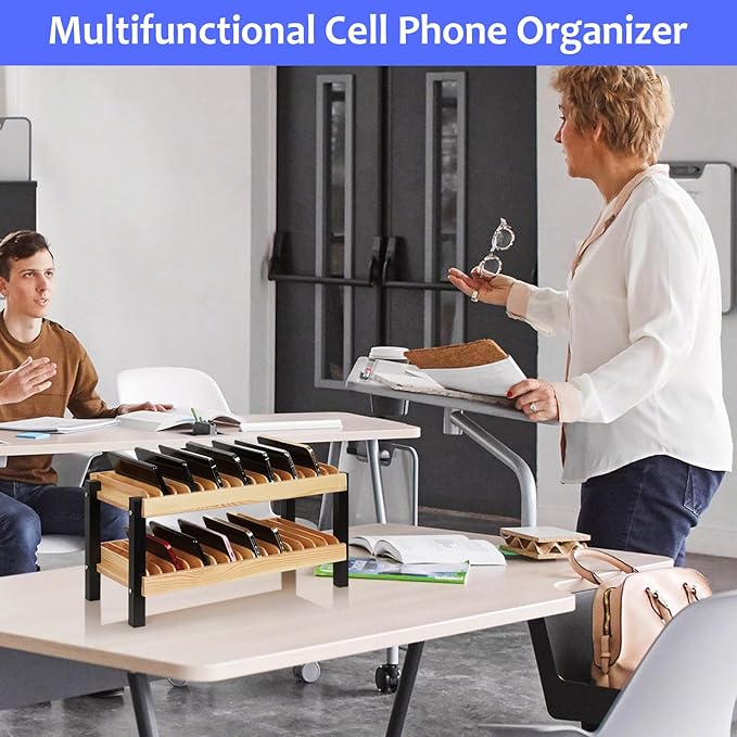 Echaprey 30-Grid Wooden Cell Phone Holder Desktop Multiple Classroom Phone Storage Organizer Rack Box Caddy for Office School Classroom with 1-30 Number Stickers