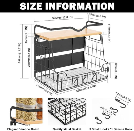 Livabber Magnetic Fridge Organizer Basket with Wood Shelf, Large Fruit Vegetable Storage Bin, Spices Snacks Condiments Rack for Kitchen Pantry, Laundry Room, Office, Magnetic or Wall Mount (Black)