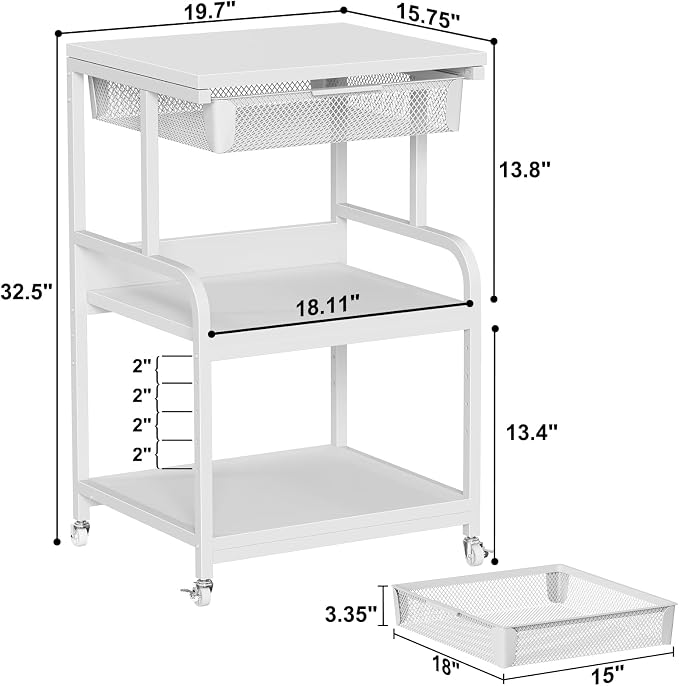 EasyCom Large 3-Tier Rolling Printer Stand with Storage Drawer & 5 Adjustable Shelves Mobile Cart with Industrial Wheels for Home Office Desk Fits 3D Printer, Scanner, and Fax White