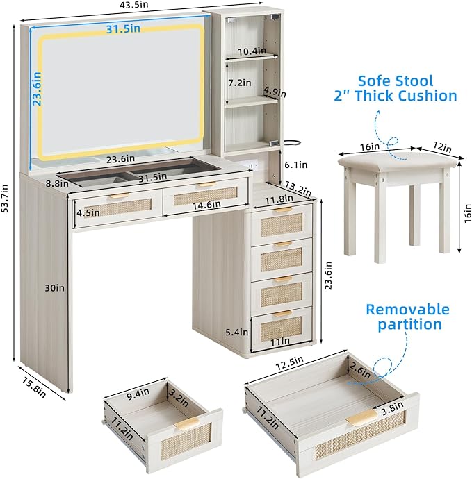 LEYAOYAO White Vanity Desk with Mirror and Lights, 43.5'' Makeup Vanity Set with Stool 6 Drawers and Adjustable Shelves, Rattan Wood Make Up Vanity with Glass Top and Power Outlet for Bedroom