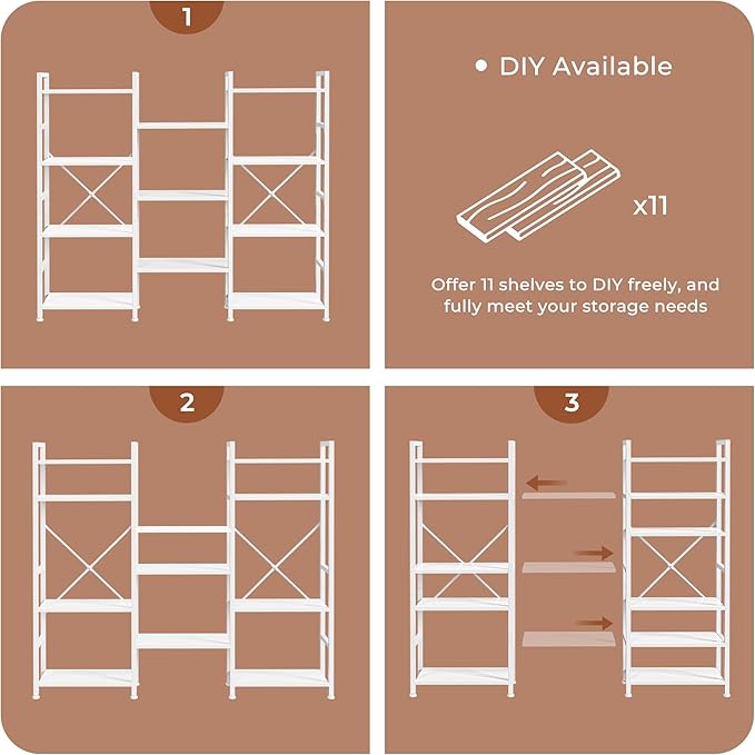SUPERJARE Triple Bookshelf, Bookcase with 11 Open Display Shelves, Wide Book Shelf Book Case for Home & Office, 4 Tier, White