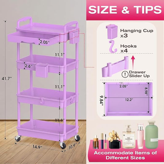 Goovilla Rolling Makeup Organizer Cart with Removable Drawer, 4 Tier Stable Purple Floor Skincare Storage Cart for Vanity, Cosmetic Display, Nail Polish, Perfume, Hair Stuff, Beauty, Bathroom(Plastic)