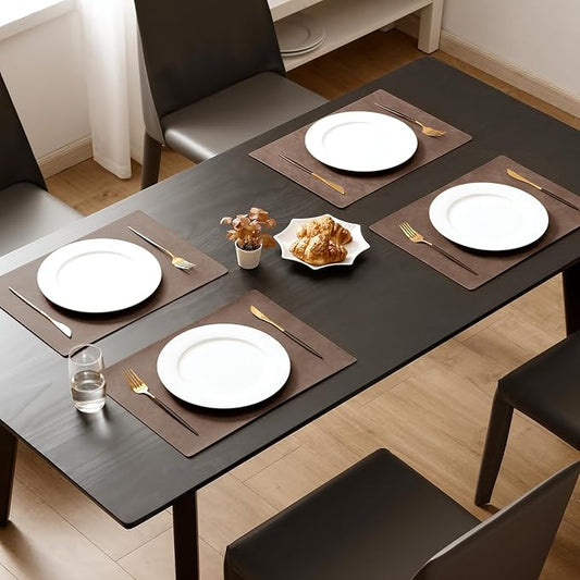MOSAYT Vinyl Placemats Set of 4-12 X 17 Inch - Faux Leather 100% Waterproof Oil-Proof Wipeable PU Place Mats, Heat Resistant Reversible Table Mats for Kitchen, Dining, Outdoor (Brown)
