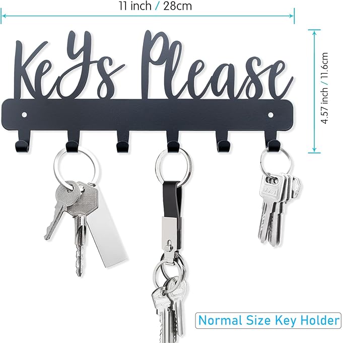 Keys Please Holder on Wall,Key Holder Wall Mounted,Black Metal Decorative Key Rack Hooks for Garage, Mudroom, Hallway,Entryway,Front Door,Office (Normal Size:11x4.57inches)