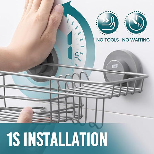 TAILI Shower Caddy Suction Cup with Hooks & Soap Holder, Heavy Duty Bathroom Shower Organizer, No Drilling Shower Shelves for Inside Bathroom, Metal Storage Holder-Grey