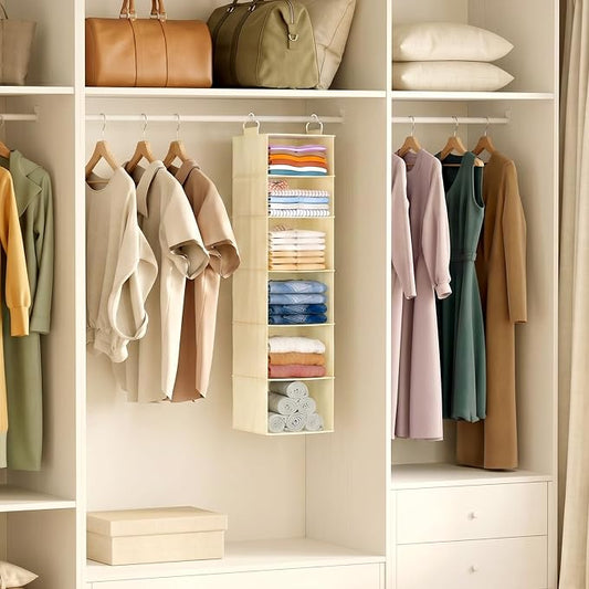 Lifewit 6 Tier Hanging Closet Organizer and Storage for Shelves, 1 Pack Foldable Clothes Shelf with 2 Sturdy Hooks, Sweater/Coat/Shoes Clothing Organization for Wardrobe, Dorm, Bedroom, Beige
