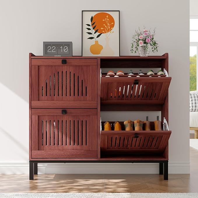Garvee 4 Flip Drawer Shoe Cabinet with Adjustable Shelves, Hidden Shoe Organizer with Large Capacity, Freestanding Wooden Shoe Rack for Entryway, Hallway, Living Room, Walnut