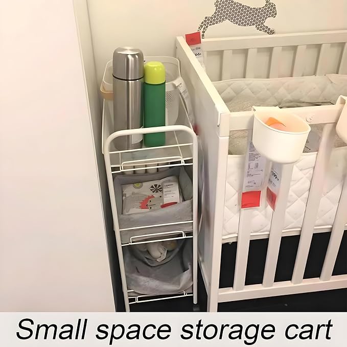 Storage Carts 3-Tier, Metal Utility Rolling Cart with Wheels, Snack Shelves, Fruit Basket Stand for Living Room, Kitchen, Office, with 360° Wheels & Hooks, White