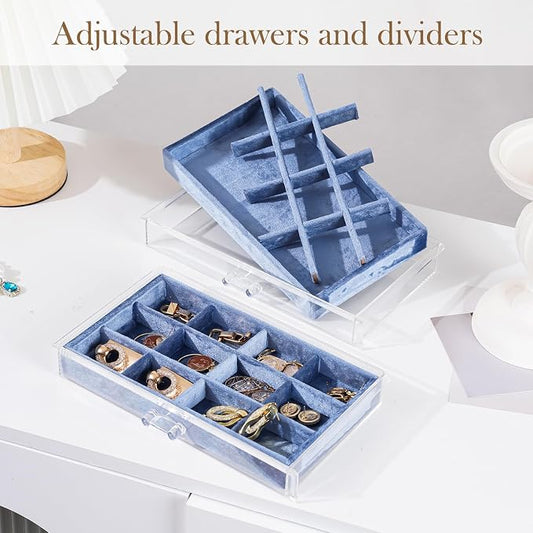 Lolalet Earring Holder Organizer Box Jewelry Storage with 6 Drawers, Clear Acrylic Stackable Earring Case with Adjustable Velvet Trays for Women on Dresser Vanity -Blue, 6 Layers