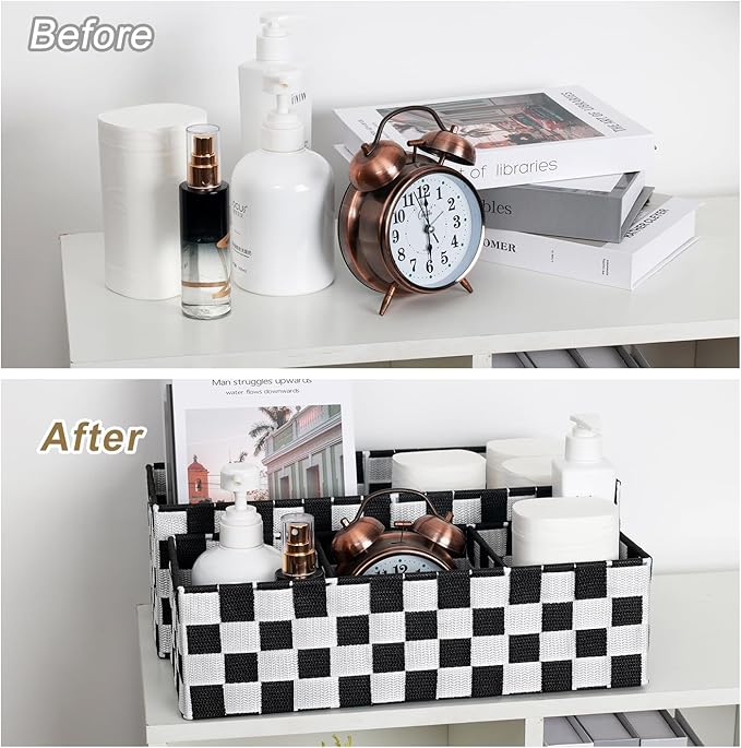 2-Pack Checker Pattern Woven Bins, 16” Ribbon Metal Wire Desk Organizer, Drawer Dresser Baskets, Countertop Toilet Paper Storage Containers (Black & White)