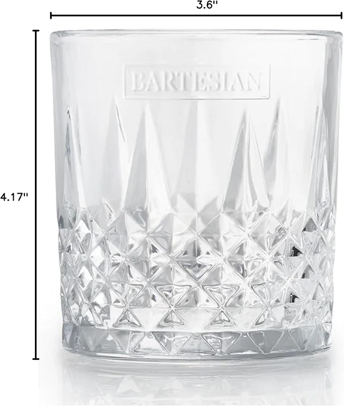 Bartesian Diamond Etched Lowball Glasses - 10.5 Oz Short Low Ball Glass Set for Cocktails & Mocktails - Classy Home Bar Glassware for Bourbon, Whiskey Sour, Old Fashioned, Mint Julep - Set of 2