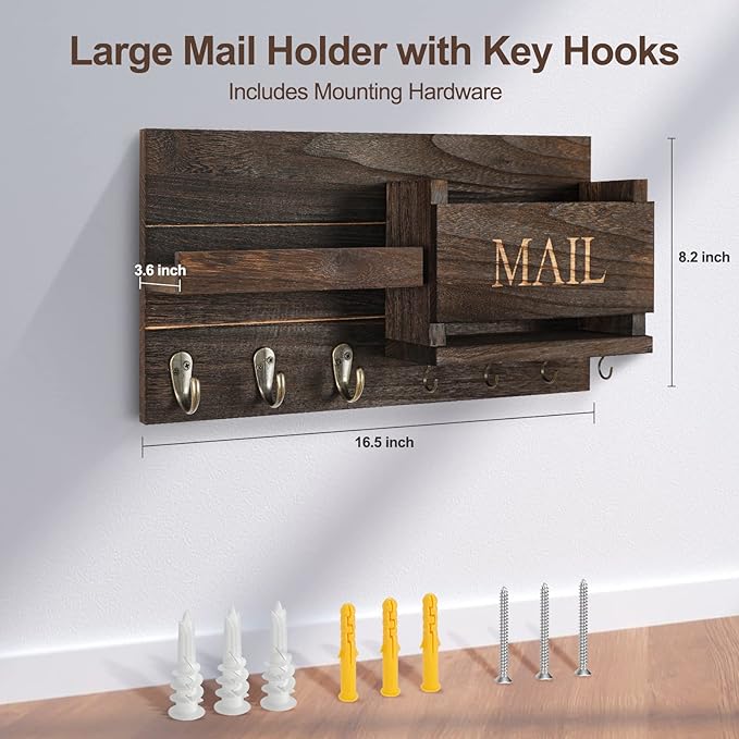 Mail Organizer for Wall Mount – Key Holder with Shelf Includes Letter Holder and Hooks for Hallway Farmhouse Decor – Rustic Wood with Flush Mounting Hardware (16.5” x 9.1” x 3.4”) (Brown)