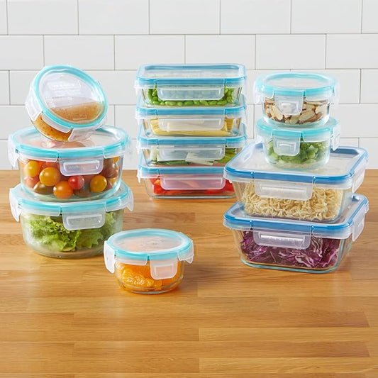 Snapware Glass Total Solutions (12-Pack) Food Storage Containers Set, (1, 2 & 4 Cup), Airtight & Leakproof Plastic Locking BPA-Free Lids, Freezer Dishwasher Microwave Safe
