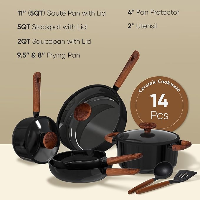 CAROTE ceramic cookware set,nonstick pots and pans,14PCS Non Toxic Healthy Non Stick Kitchen Cooking Pots and Frying Pans Set, PFAS PTFE Free