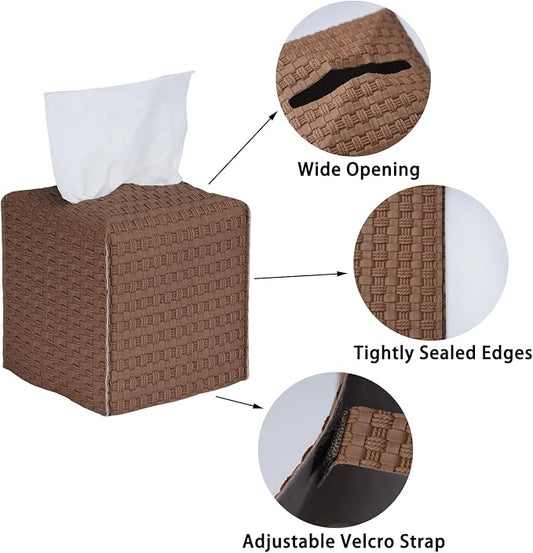 Tissue Box Cover 2-Pack, Square Tissue Holder with Bottom Belt, Modern Tissue Case Facial Paper Organizer Dispenser for Bathroom, Office, Home, Table, Car, Woven Pattern Brown
