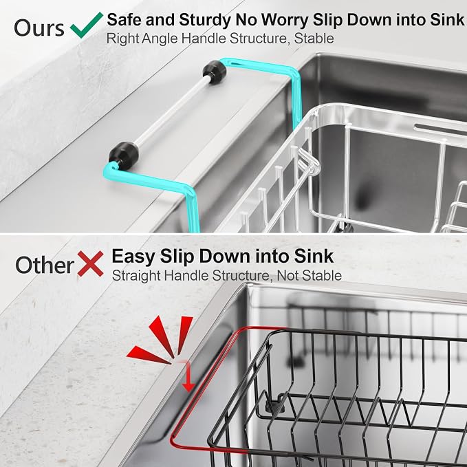 GSlife Small Sink Dish Drying Rack with Silicone Drying Mat - 9" W Expandable Stainless Steel Compact Dish Drainer with Lock Knob for RV, Apartment, Camper, Kitchen, 11.9"-16.7" L, Silver