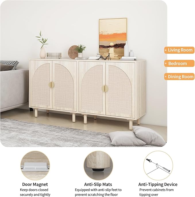 Beige Rattan Cabinet-2-Doors,Sideboard Buffet Cabinet with Storage-Accent Storage Cabinet with Cane Door, Boho Wood Credenza for Dining Room, Kitchen,Study Room (Beige Set 2)