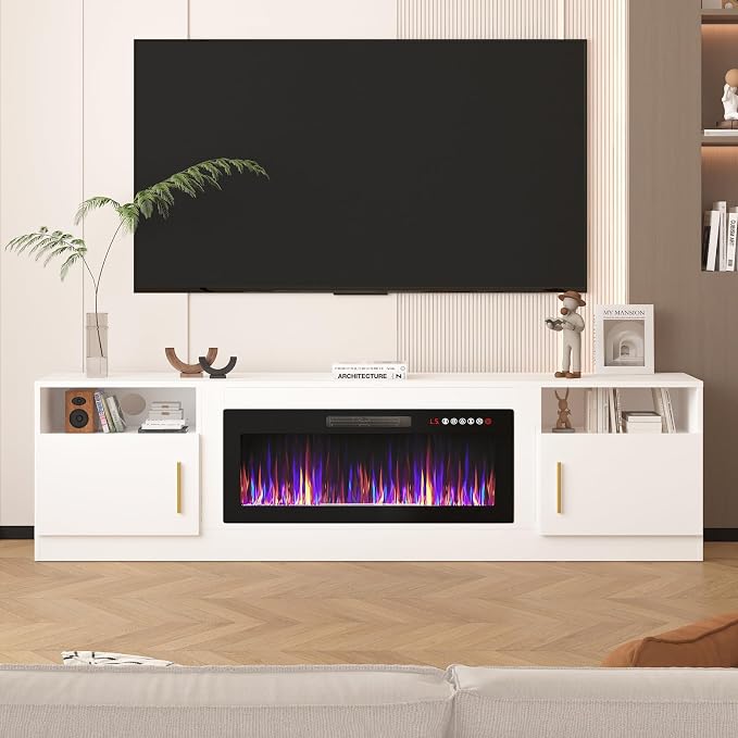 LEMBERI 80 Inch Fireplace TV Stand for TVs up to 90", 36" Electric Fireplace Entertainment Center with 20-Color LED, 300lbs Max Capacity Modern Wood Media Console Cabinet, White