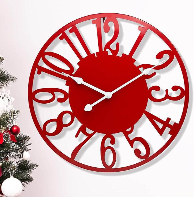 SUKYING 16 Inch Large Wall Clock, Silent Battery Operated Modern Wall Clock, Modern Red Metal Decorative Clock for Patio, Porch, Pool Area, Farmhouse, Living Room