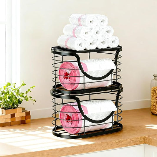 Haotao 2 Pack Trash Bag Holder,Stackable Trashbag Dispenser With Bamboo Lid,Wall Mount Garbage Bag Dispenser Organizer for Kitchen Laundry Room Under Sink