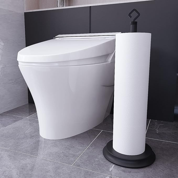KASUNTO Toilet Paper Holder for Bathroom, Metal Free Standing Toilet Paper Storage with Rustproof, Tissue Paper Roll Stand for Bathroom Accessories (Black)