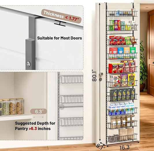 ElegantArray 10-Tier Pantry Door Oragnizer, Over The Door Pantry Organizer Rack and Storage, Hanging Spice Rack Shelves Door, Home Office Laundry Room Bathroom & Kitchen Organization, Light Gray
