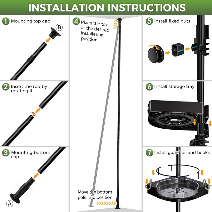360° Rotating Shower Caddy Tension Pole, 4-Tier Corner Shower Organizer with Adjustable Shelves & Hooks, Rustproof Metal Pole, No Drilling Bathroom Storage Rack for Bathtub, 34-124”(Black)