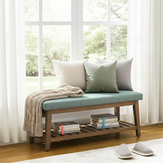 Entryway Shoe Bench with Cushion, End of Bed Bench,Upholstered Bench for Kitchen, Bench with Solid Wood Shelf, Fabric Ottoman Bench for Hallway, Living Room (Teal)