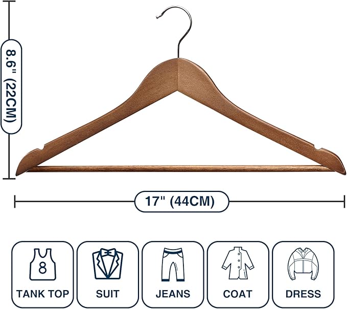 Wooden Hangers - 60 Pack Solid Shirt Hangers, Heavy Duty & Slim Coat Hanger, For Suit, Coat, Jacket, Pants (Walnut)