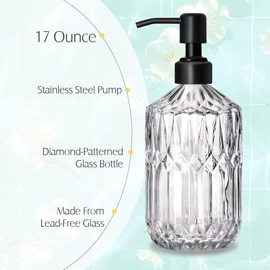 COHOSEGE 17 Oz Clear Glass Kitchen Soap Dispenser for Dish Soap, 2 Pack Bathroom Soap Dispenser Set with Black Rust Proof Pump for Lotion, Hand soap or Body Wash