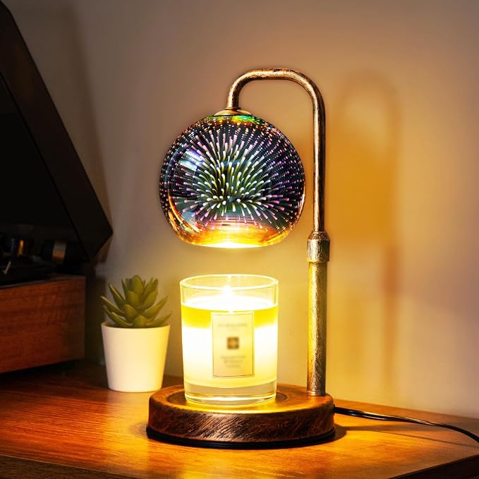 Glocusent Candle Warmer Lamp with Timer, 3D Glass Globe, Retro wood-grain metal base, Dimmable Height Adjustable Candle Warmer for Jar Candles, Home Decor & Gifts for Women, Firework patterns, 2 Bulbs