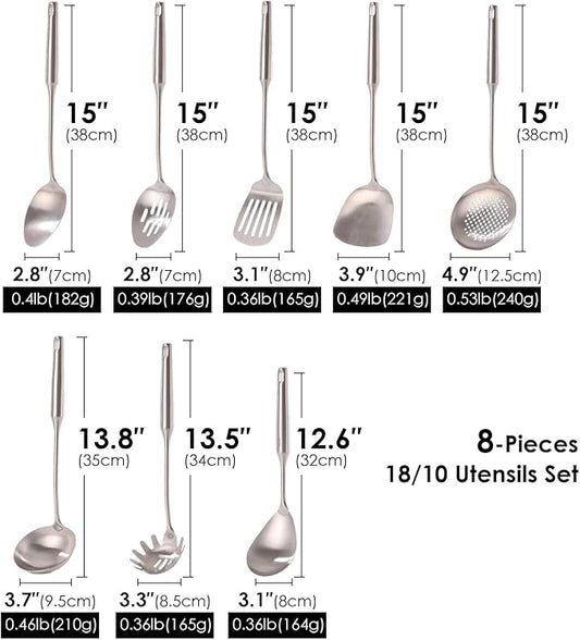 18/10 Stainless Steel Kitchen Utensils Set - 15” All Metal Cooking Tools & Serving Utensils, 8 PCS - Solid Spoon, Slotted Spoon, Spatula, Ladle, Skimmer, Tunner, Spaghetti Spoon, Large Spoon Set