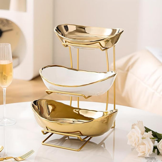 MEIGLQEA Gold Silver Fruit Bowl with Metal Stand, 3 Tier Ceramic White Fruit Bowl Fruit Rack for Kitchen Counter, Tiered Fruit Basket for Snacks Bread Candy Storage (Gold (Smooth Surface))