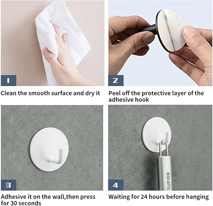 Rise age Adhesive Hooks Heavy Duty Waterproof in Shower Hooks for Hanging Loofah, Towels, Clothes for Bathroom Removable Adhesive Wall Hooks Door Hook Stainless Steel Stick on Hooks 4 Pcs (White)