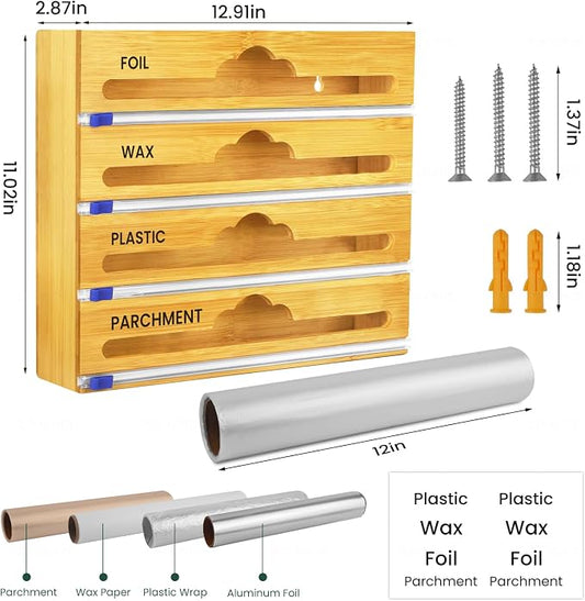 Bamboo 4 in 1 Saran Wrap Dispenser with Cutter & Labels - Foil & Plastic Wrap Organizer - Aluminum Foil Wax & Parchment Wrapping Paper Storage for Kitchen Drawer - 12" Roll
