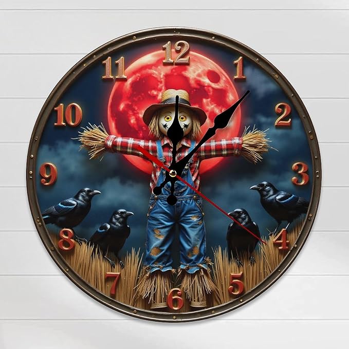 Wall Clock, Spooky Scarecrow Non Ticking Wall Clocks Battery Operated, Brown Wooden Wall Clocks for Living Room, Kitchen, Study Room Decorative 10 Inch