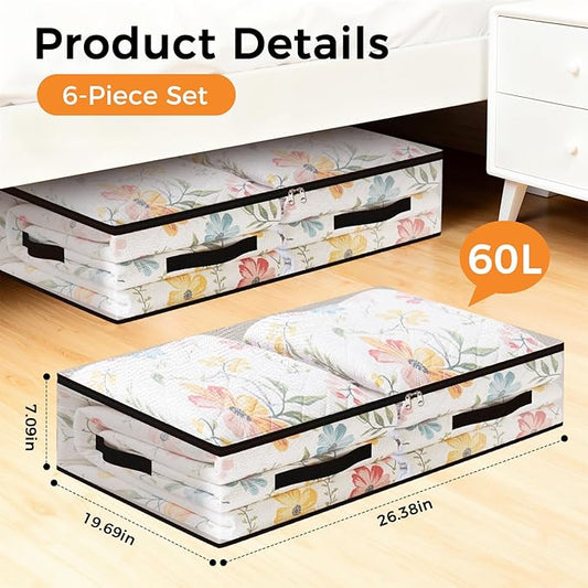 6 Pack Under Bed Storage Bags, 60L Foldable Clear Storage Containers with Handles, Dual Zippers for Comforter, Clothes, Bedding, Linen Sheets, Sweaters, Blanket Storage