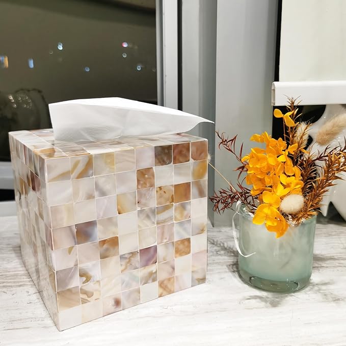 i-lan Mother of Pearl Tissue Holder,Sea Pearl Shell Decorative Square Tissue Cover Box for Bathroom,Mother of Pearl Napkin Box,MOP Tissue Cover Cube Box(champagne gold)