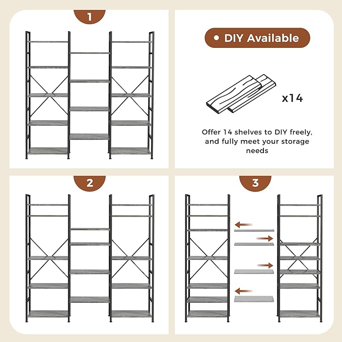 SUPERJARE Triple Bookshelf, Bookcase with 11 Open Display Shelves, Wide Book Shelf Book Case for Home & Office, 5 Tier, Grey