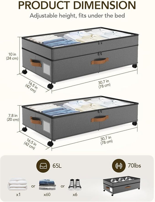 Under Bed Storage with Wheels, 10 inches Under Bed Storage Containers, 65L XXL Large Adjustable Underbed with Lids, Rolling Underbed Storage bins for Shoes, Clothes, Blankets, Grey