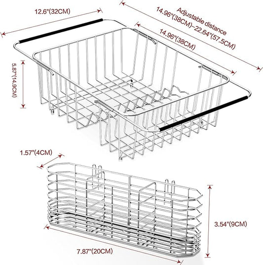 Large Sink Dish Drying Rack, Expandable 304 Stainless Steel Metal Dish Drainer Rack Organizer Shelves with Stainless Steel Utensil Holder Over Inside Sink, Rustproof